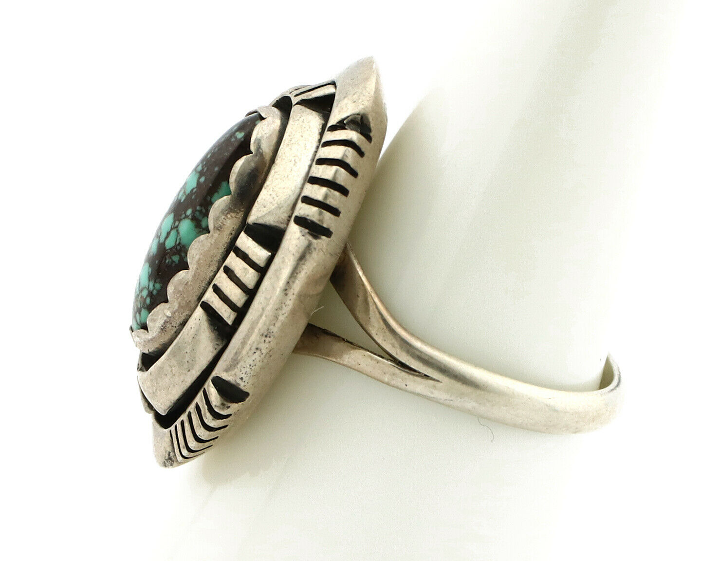 Navajo Ring .925 Silver Spiderweb Turquoise Artist Signed L. M. Nez C80s