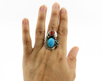 Navajo Ring 925 Silver Turquoise & Coral Artist Signed Native American C.80s