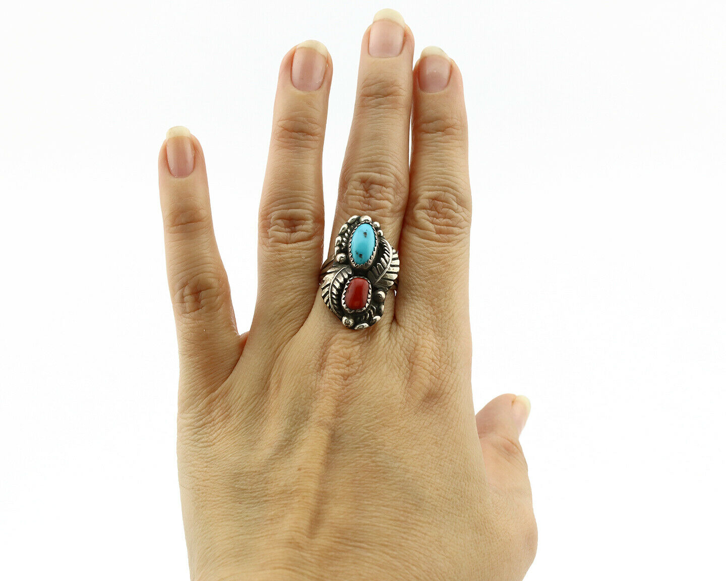 Navajo Ring .925 Silver Turquoise & Coral Artist Signed Thomas Singer C.80's