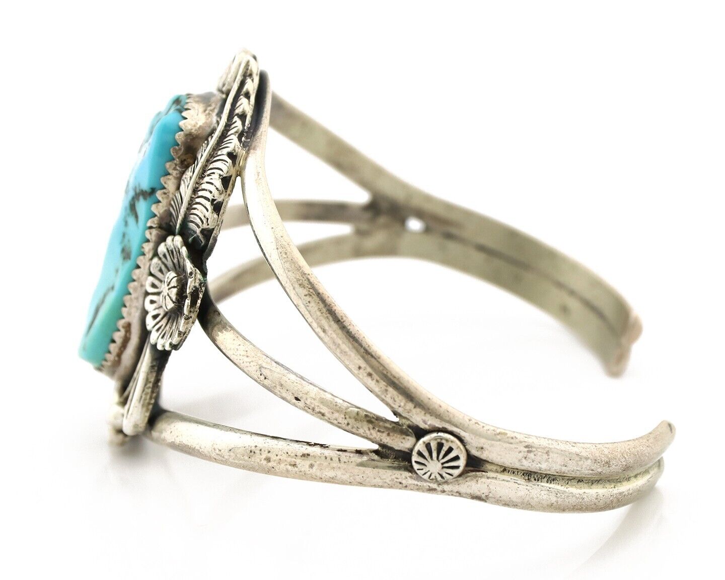 Navajo Cuff Bracelet 925 Silver Blue Turquoise Artist Signed MJ C.80's