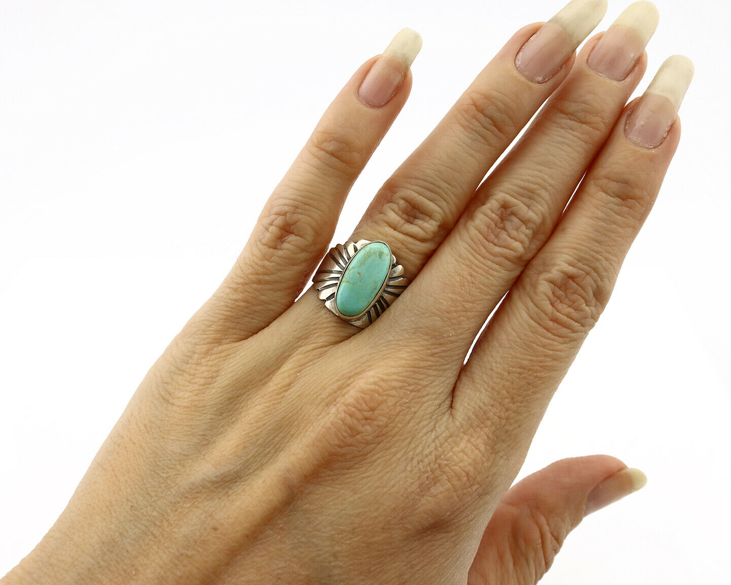 Navajo Ring .925 Silver Kingman Turquoise Artist Signed Apache C.80's