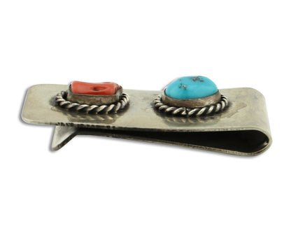 Navajo Money Clip 925 Silver & 999 Nickel Natural Turquoise & Coral Artist C80