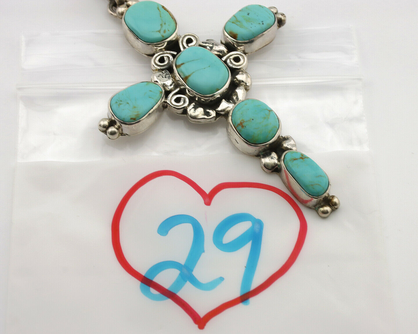 Navajo Cross Necklace .925 Silver Kingman Turquoise Signed Gecko C.80's