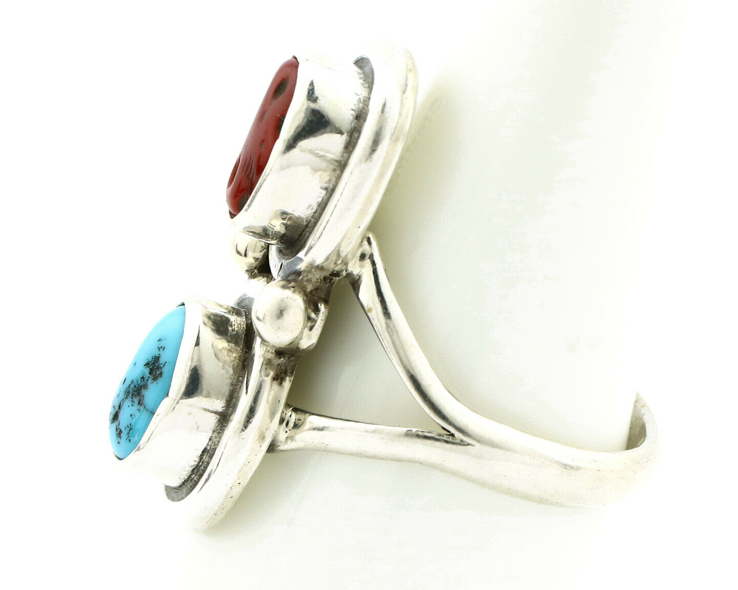 Navajo Ring .925 Silver Red Coral & Blue Turquoise Native Artist C.80's