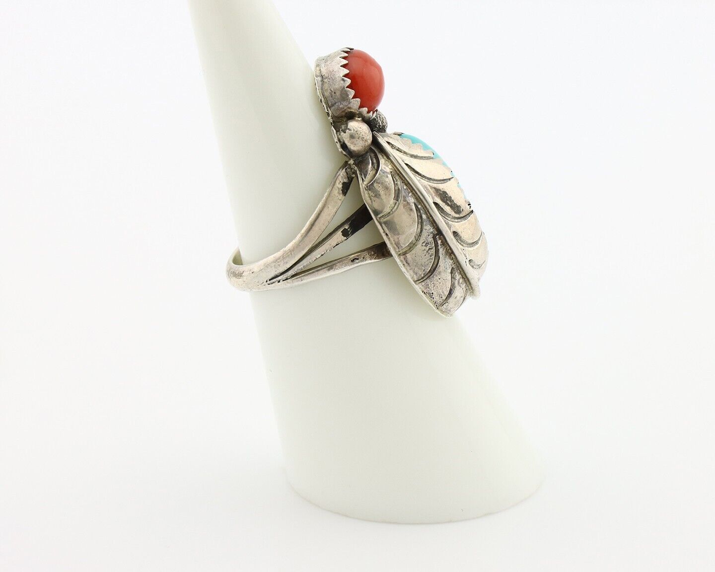 Navajo Handmade Ring 925 Silver Turquiose & Coral Native American Artist C.80's