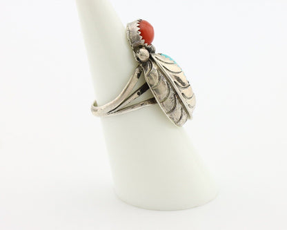 Navajo Handmade Ring 925 Silver Turquiose & Coral Native American Artist C.80's