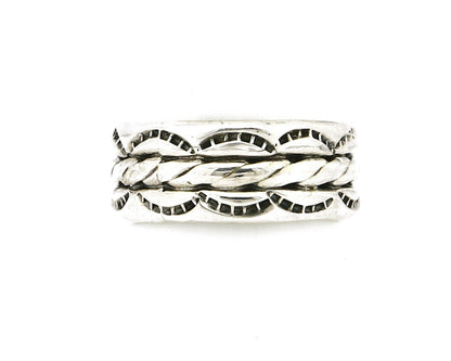 Navajo Ring .925 Silver Handmade Hand Stamped 3 Row Rope Band C.1980's Size 10