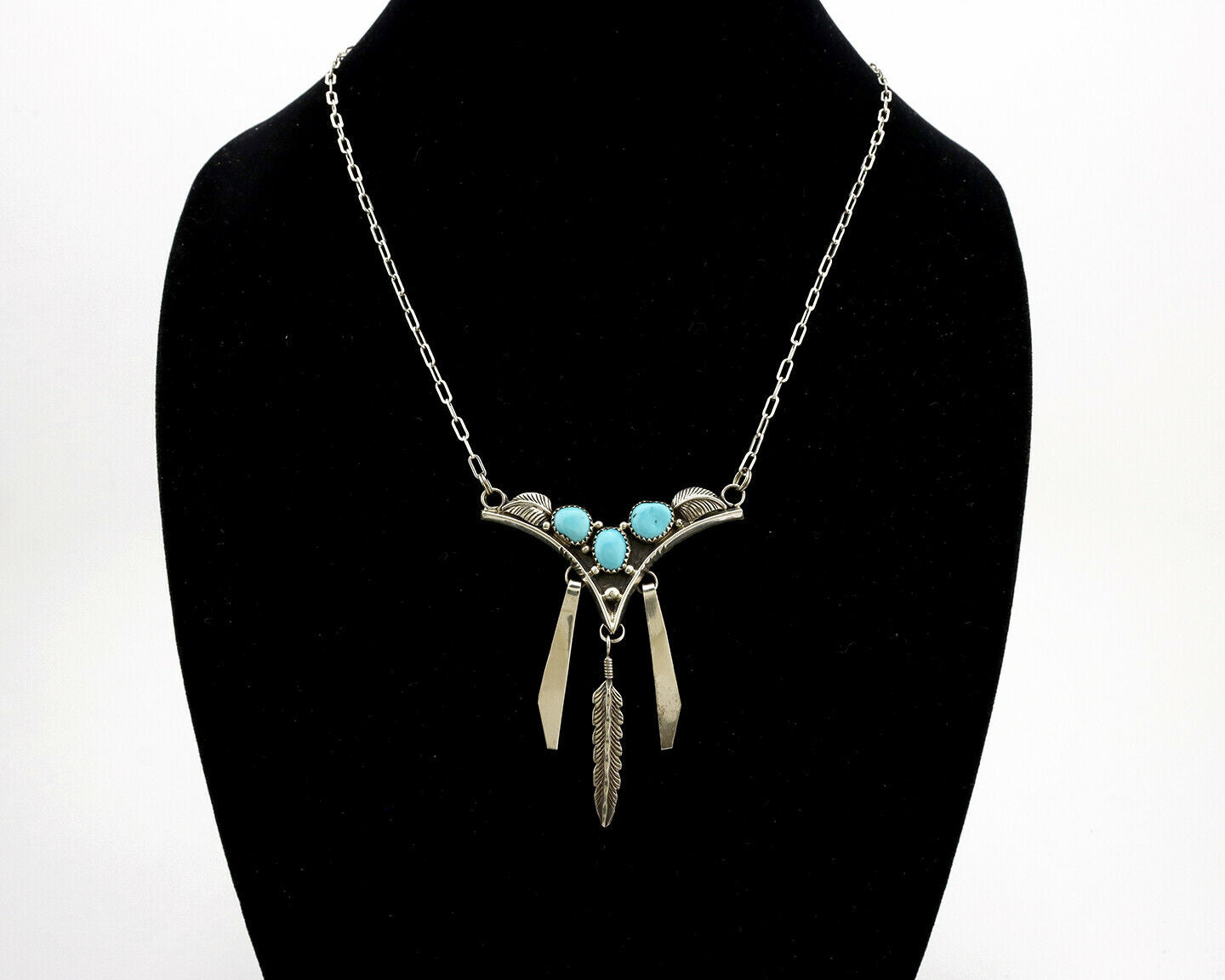Navajo Necklace .925 Silver Sleeping Beauty Turquoise Signed MC C.80's