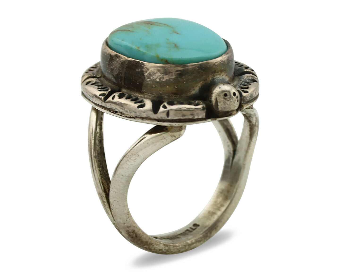Navajo Ring .925 Silver Kingman Turquoise Artist Signed Gecko C.1980's