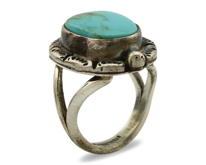 Navajo Ring .925 Silver Kingman Turquoise Artist Signed Gecko C.1980's