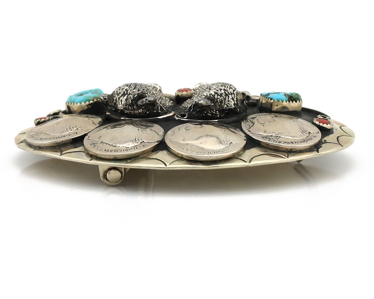 Navajo Buffalo Belt Buckle Nickle Silver Gemstone Handmade Native American C.80s