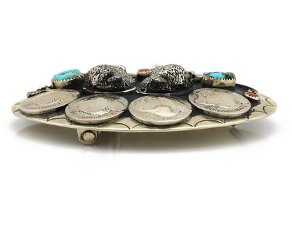 Navajo Buffalo Belt Buckle Nickle Silver Gemstone Handmade Native American C.80s