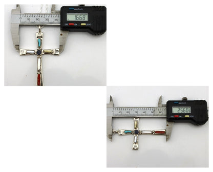 Zuni Handmade Cross Necklace 925 Silver Natural Gemstone Signed C. IULE C.80's