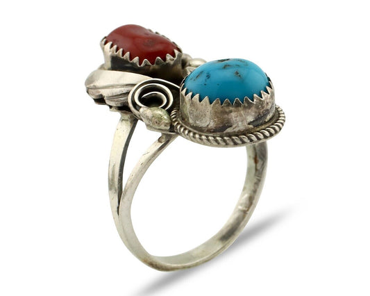 Navajo Ring 925 Silver Blue Turquiose & Coral Artist Signed Justin Morris C.80's