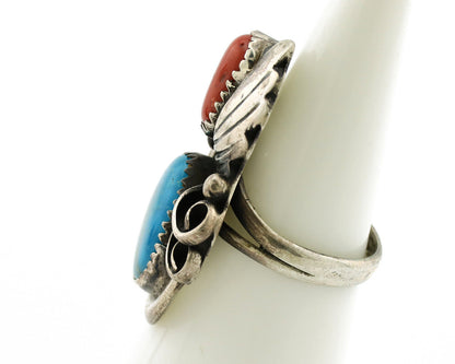 Navajo Ring 925 Silver Turquoise & Coral Artist Signed Native American C.80s