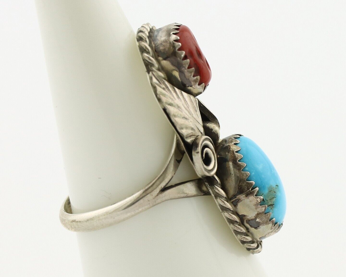 Navajo Ring 925 Silver Blue Turquiose & Coral Artist Signed Justin Morris C.80's