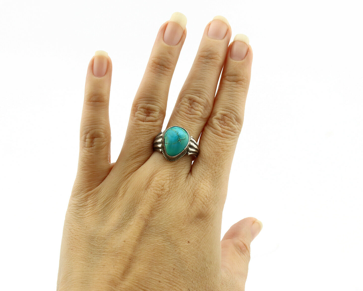 Navajo Ring .925 Silver Kingman Turquoise Native American Artist C.1980's