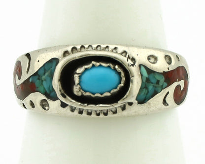 Navajo Handmade Ring 925 Silver Blue Turquoise & Coral Native American C.80's