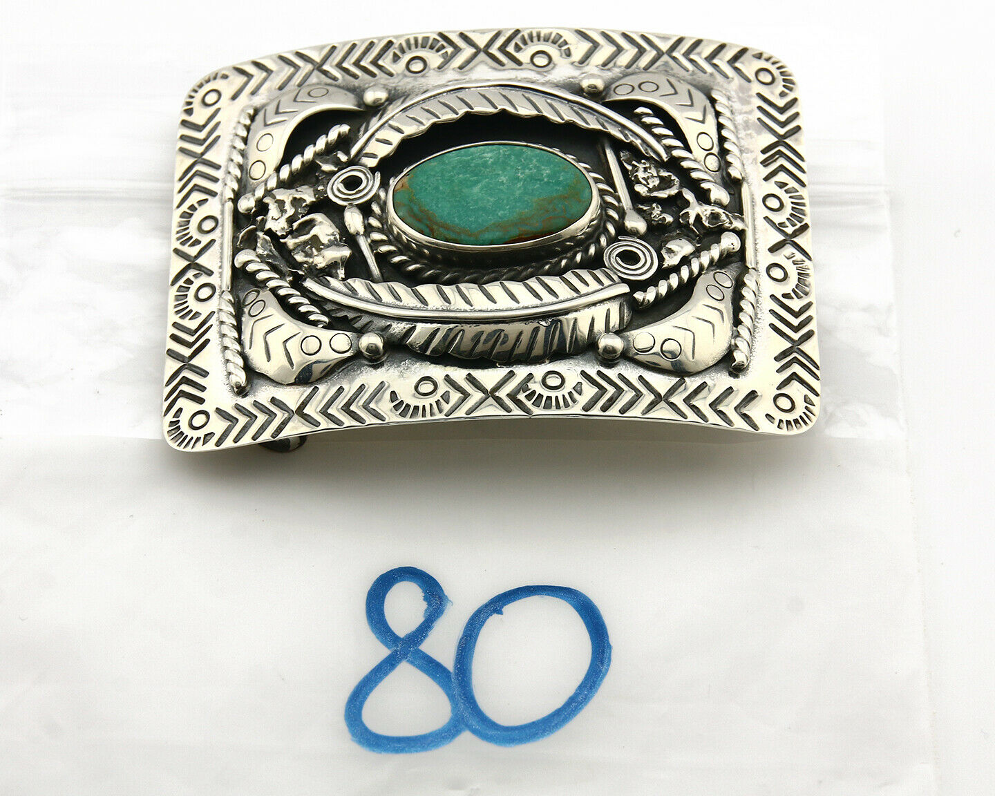 Navajo Belt Buckle .925 Silver Morenci Turquoise Artist Signed Tipi C.80's