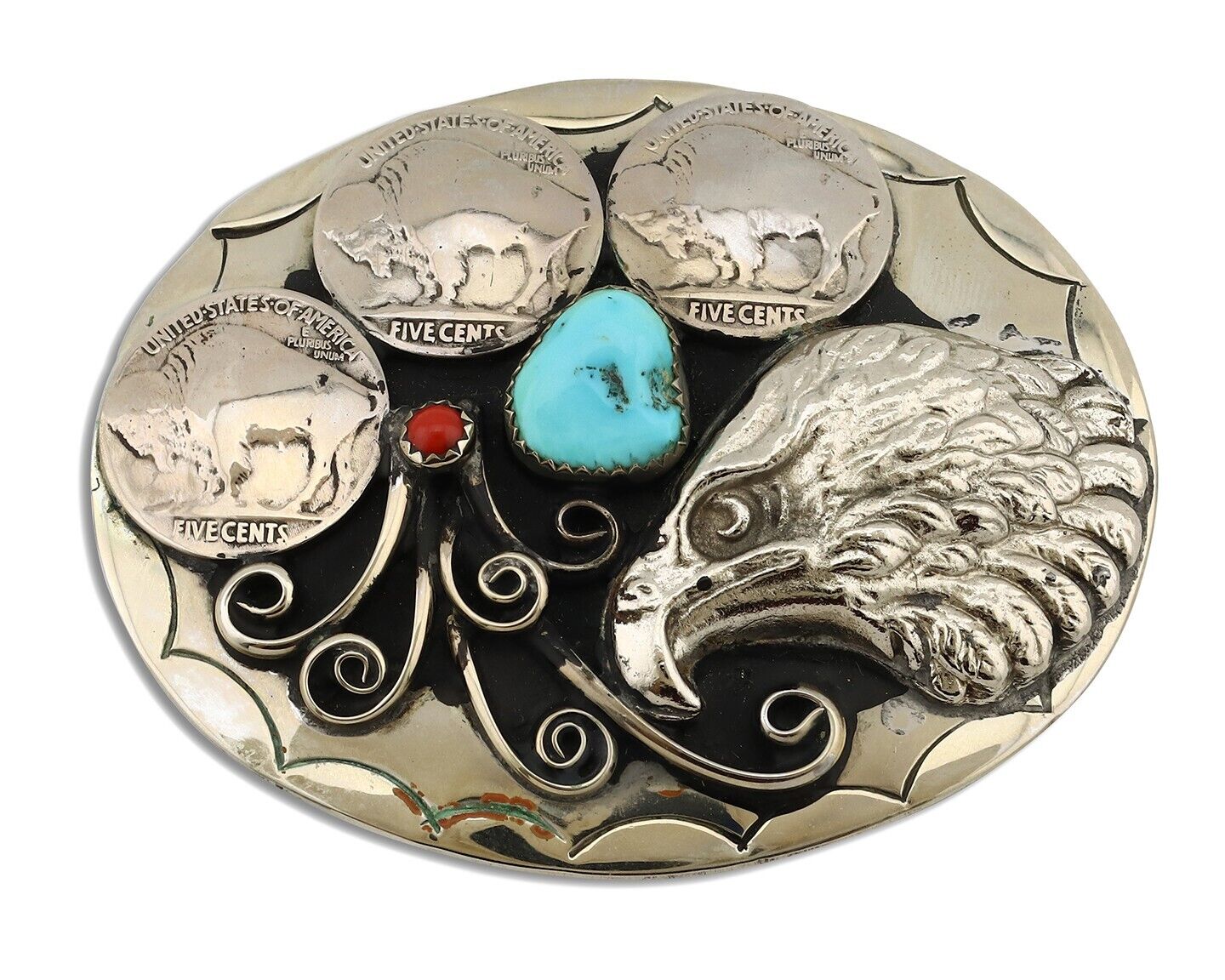 Navajo Eagle Belt Buckle Nickle Silver Gemstone Handmade Native American C.80's