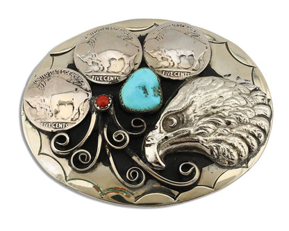 Navajo Eagle Belt Buckle Nickle Silver Gemstone Handmade Native American C.80's