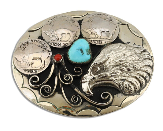 Navajo Eagle Belt Buckle Nickle Silver Gemstone Handmade Native American C.80's