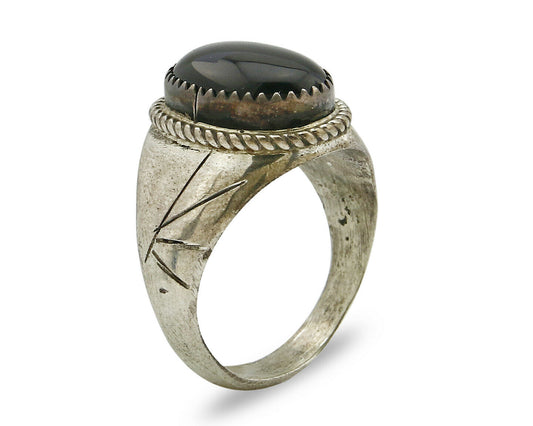 Women's Navajo Ring .925 SOLID Silver Hand Stamped Black Onyx Circa 1980's