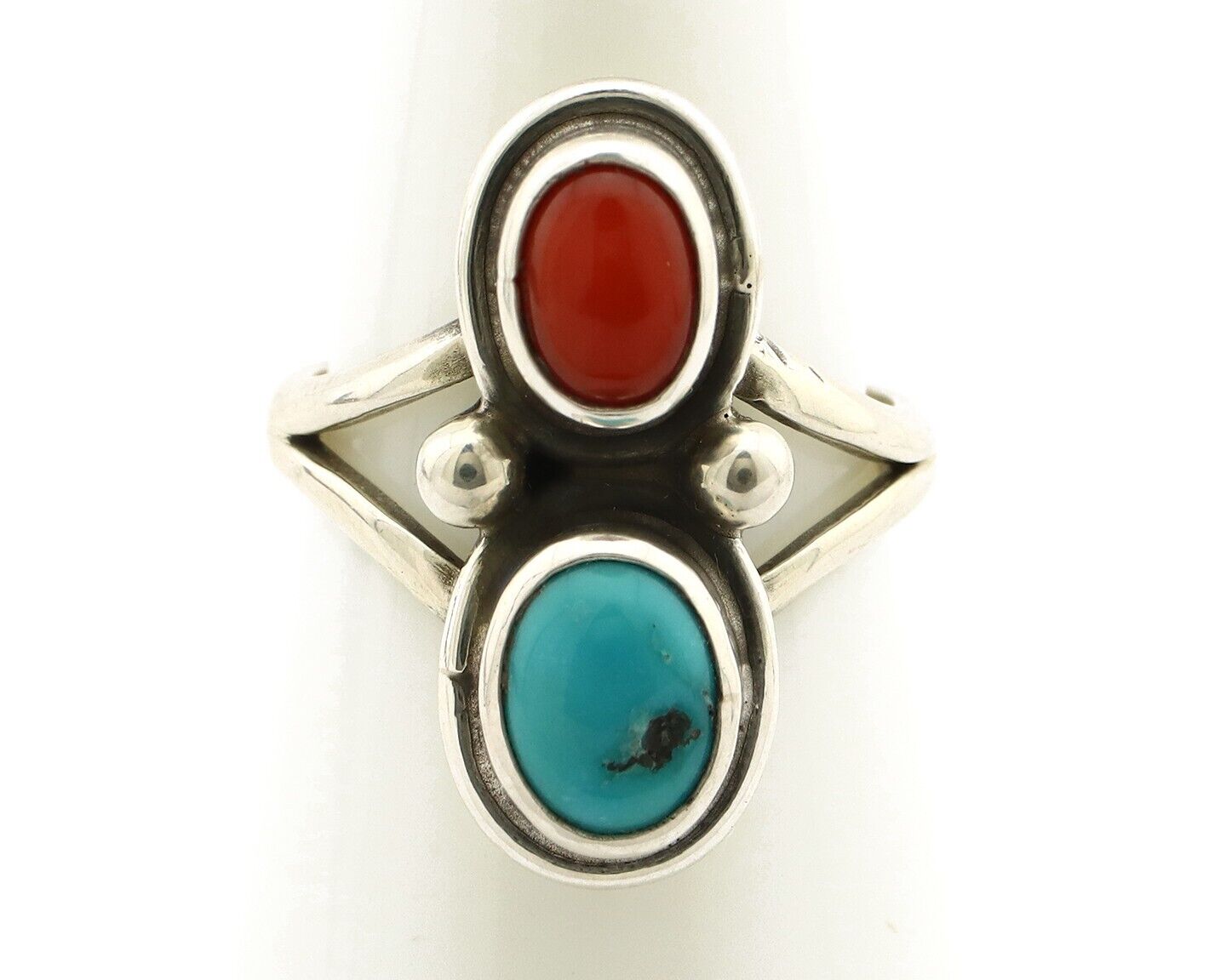 Navajo Handmade Ring 925 Silver Coral & Turquoise Native American Artist C.80's