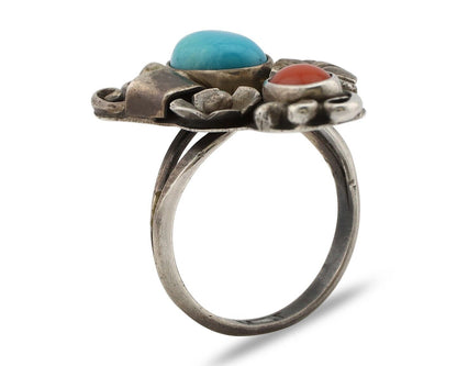 Navajo Handmade Ring 925 Silver Turquiose & Coral Artist Signed WJ C.80's