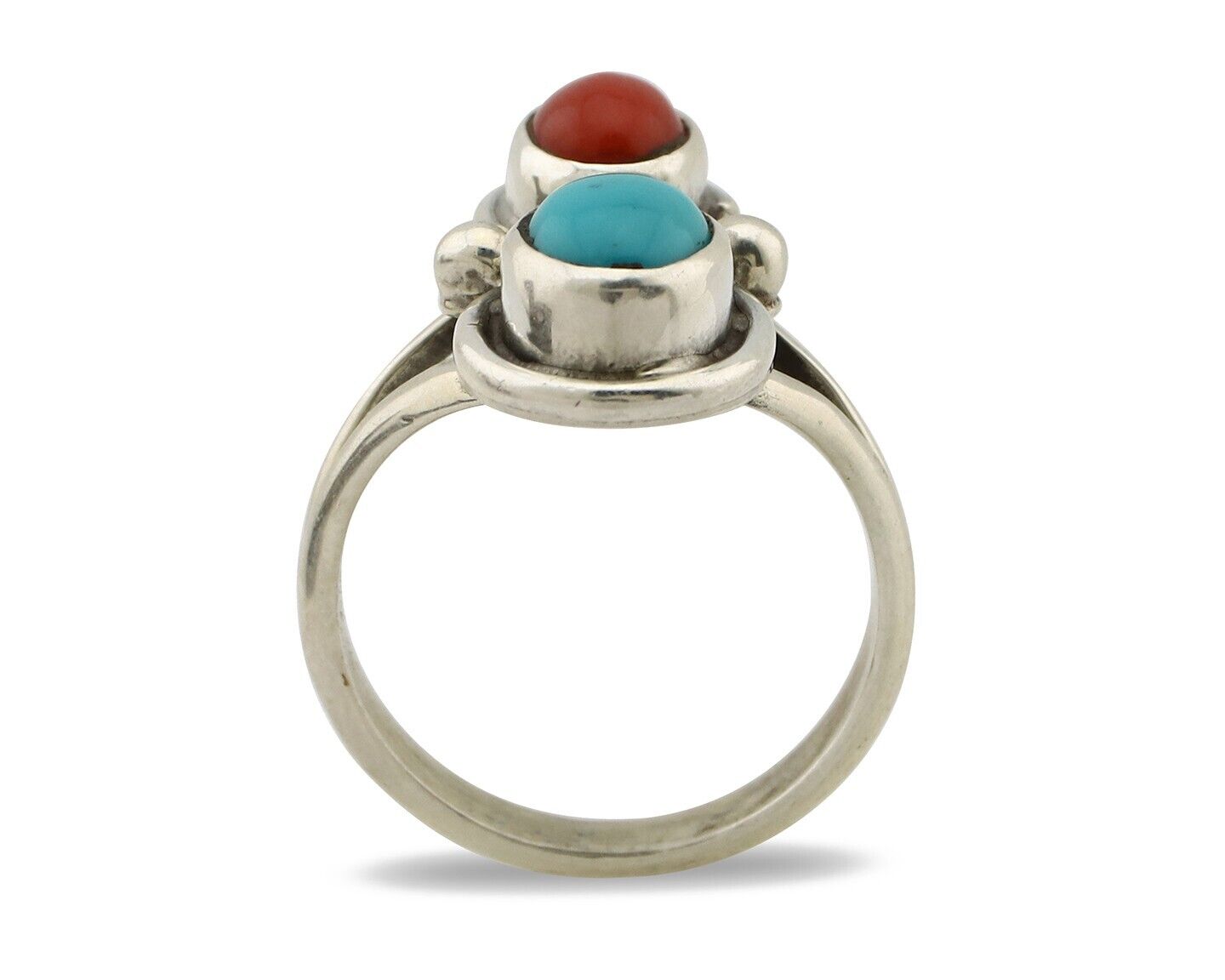 Navajo Handmade Ring 925 Silver Coral & Turquoise Native American Artist C.80's