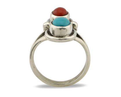 Navajo Handmade Ring 925 Silver Coral & Turquoise Native American Artist C.80's