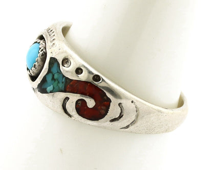 Navajo Handmade Ring 925 Silver Blue Turquoise & Coral Native American Artist