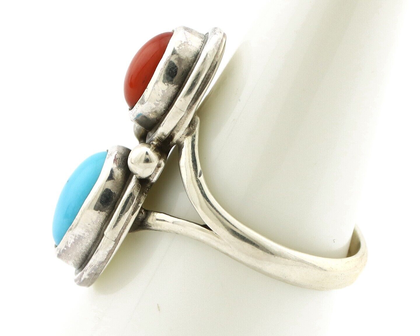 Navajo Handmade Ring 925 Silver Coral & Turquoise Native American Artist C.80's