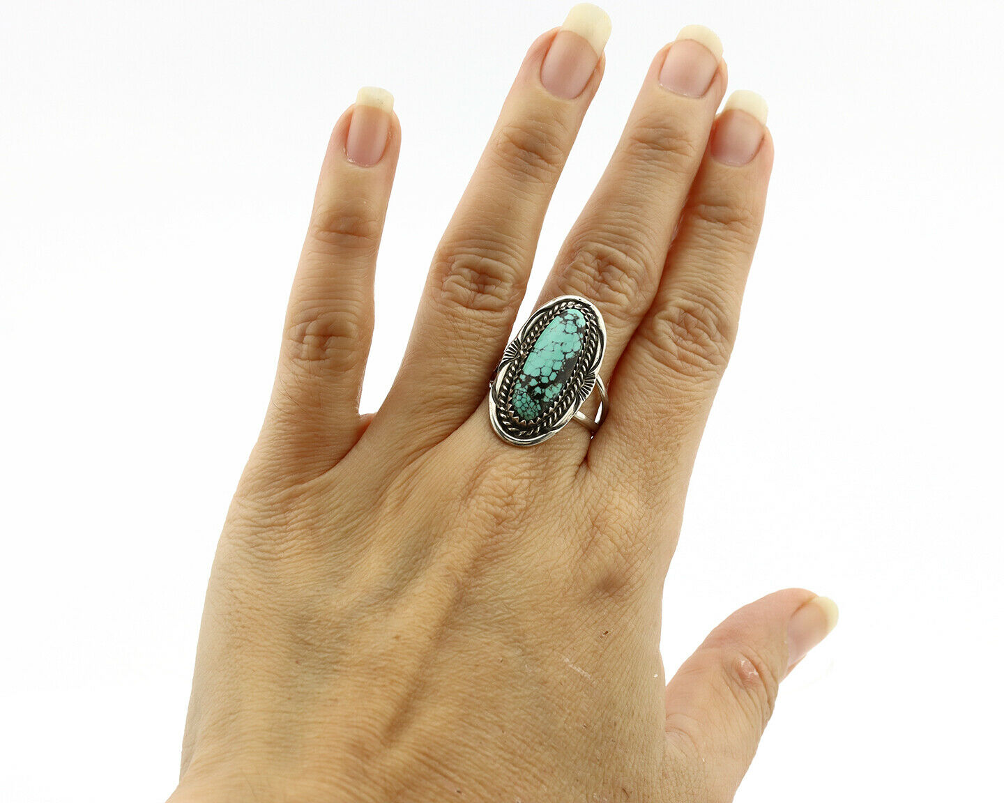 Navajo Ring .925 Silver Spiderweb Turquoise Native American Artist C.1980's