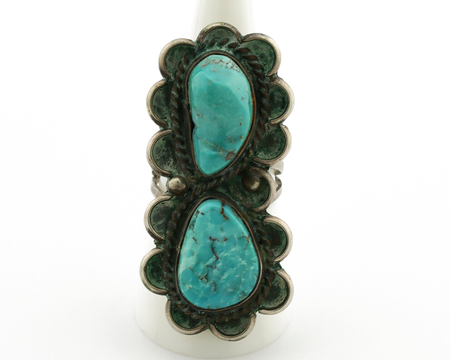 Navajo Ring .925 Silver Globe Turquoise Hand Stamped Native American Artist C80s