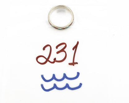 Navajo Chip Inlay Ring 925 Silver Sleeping Beauty Turquoise & Coral Silver Cloud