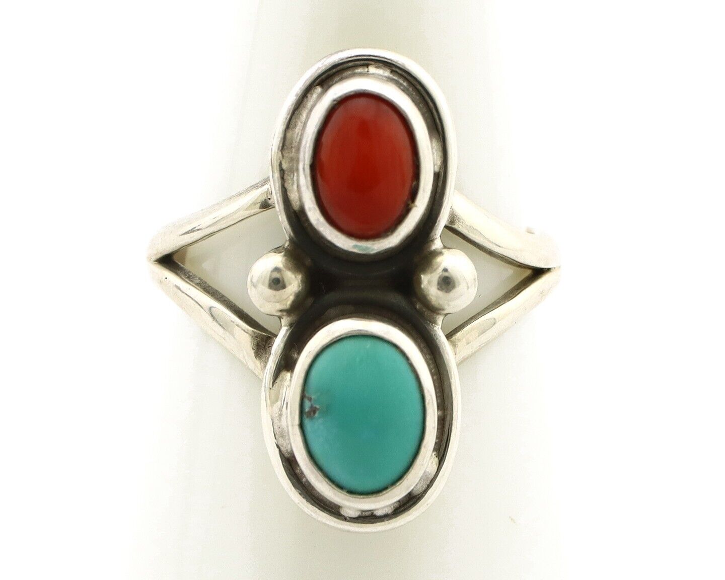 Navajo Handmade Ring 925 Silver Coral & Turquoise Native American Artist C.80's