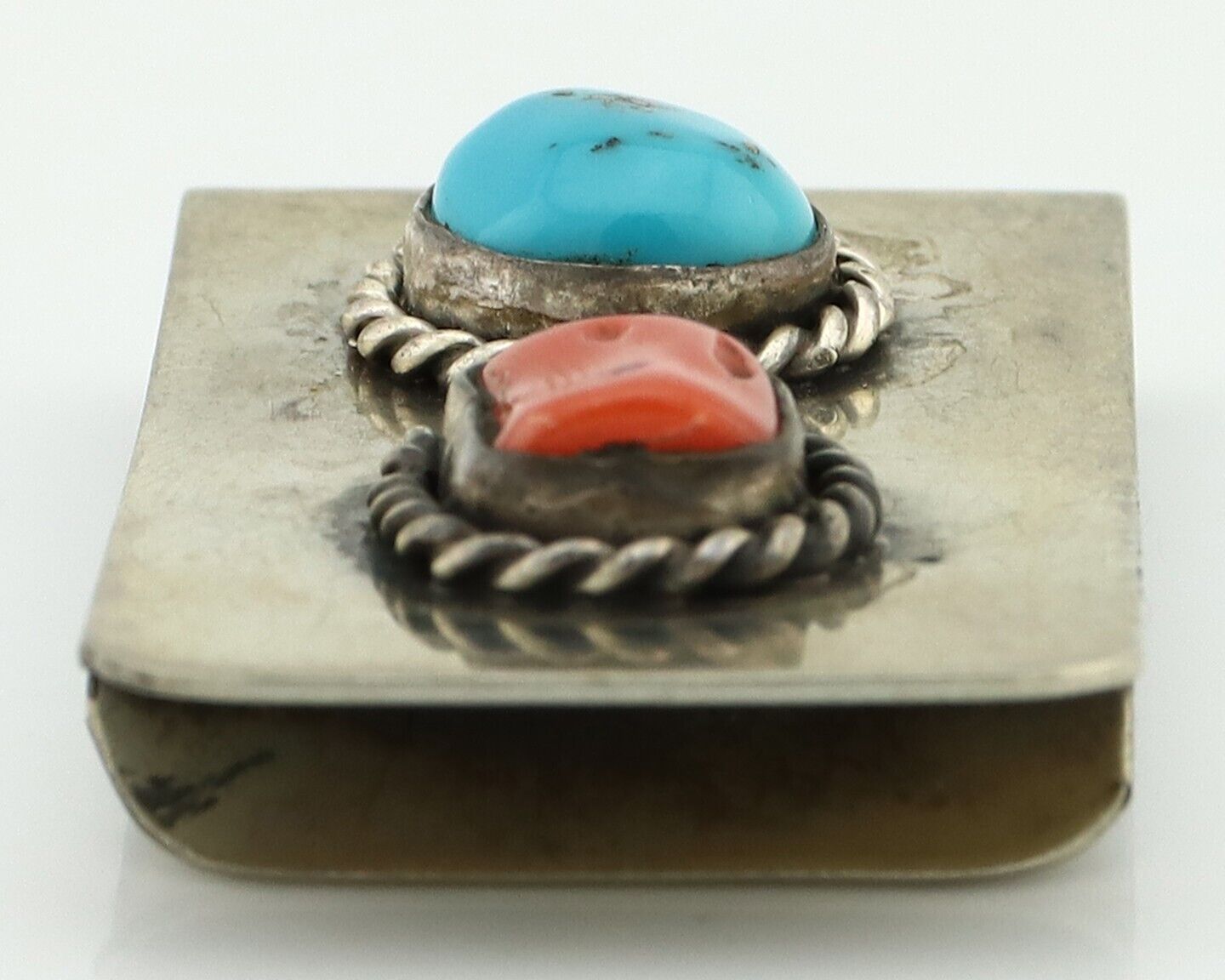 Navajo Money Clip 925 Silver & 999 Nickel Natural Turquoise & Coral Artist C80