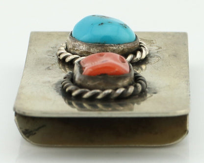 Navajo Money Clip 925 Silver & 999 Nickel Natural Turquoise & Coral Artist C80