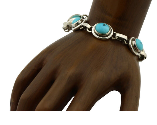 Navajo Link Bracelet .925 Silver Blue Turquoise Native American Artist C.80's