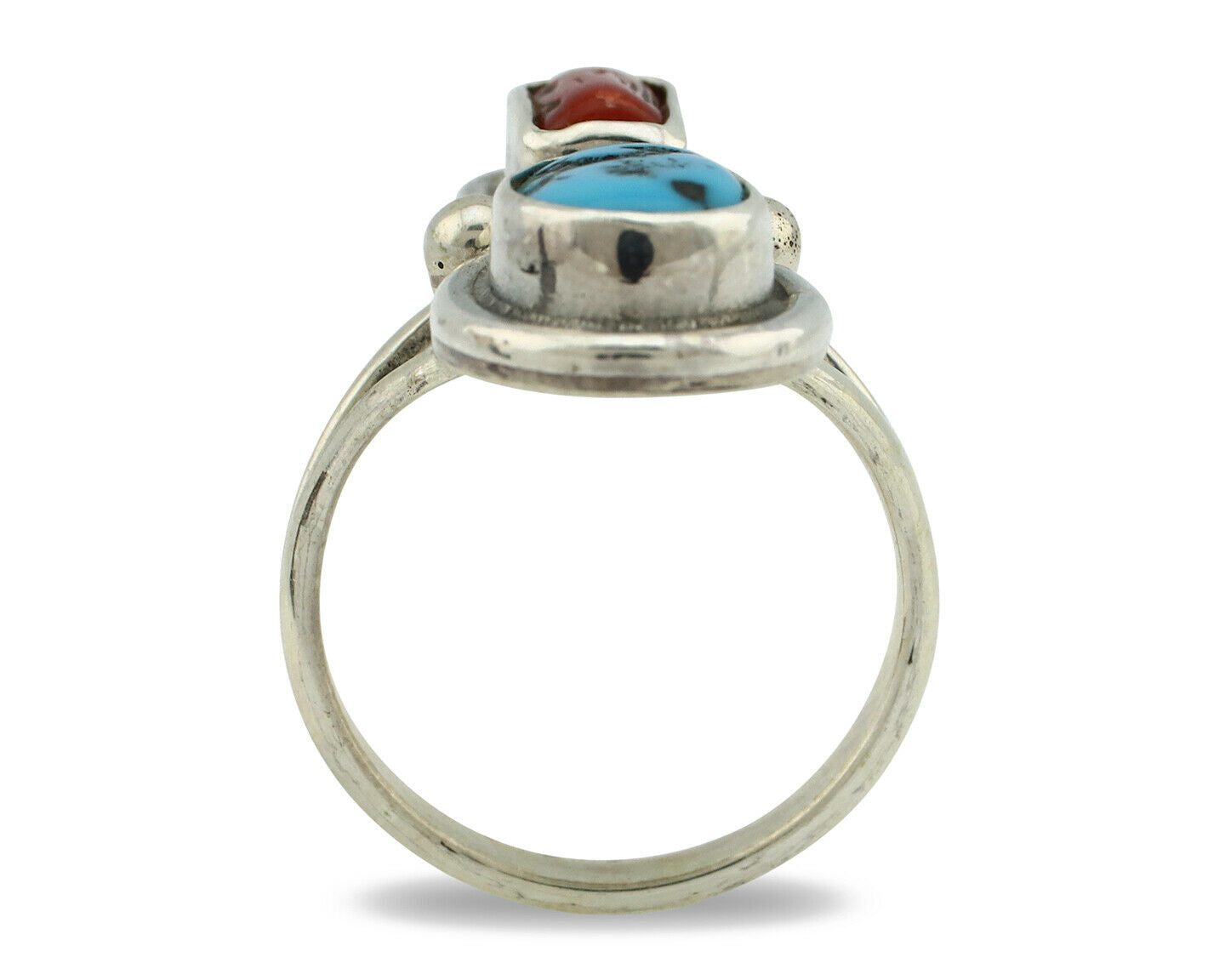 Navajo Ring .925 Silver Red Coral & Blue Turquoise Native Artist C.80's