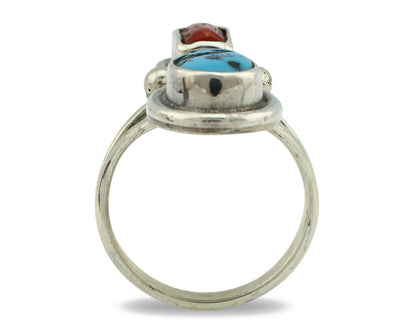Navajo Ring .925 Silver Red Coral & Blue Turquoise Native Artist C.80's
