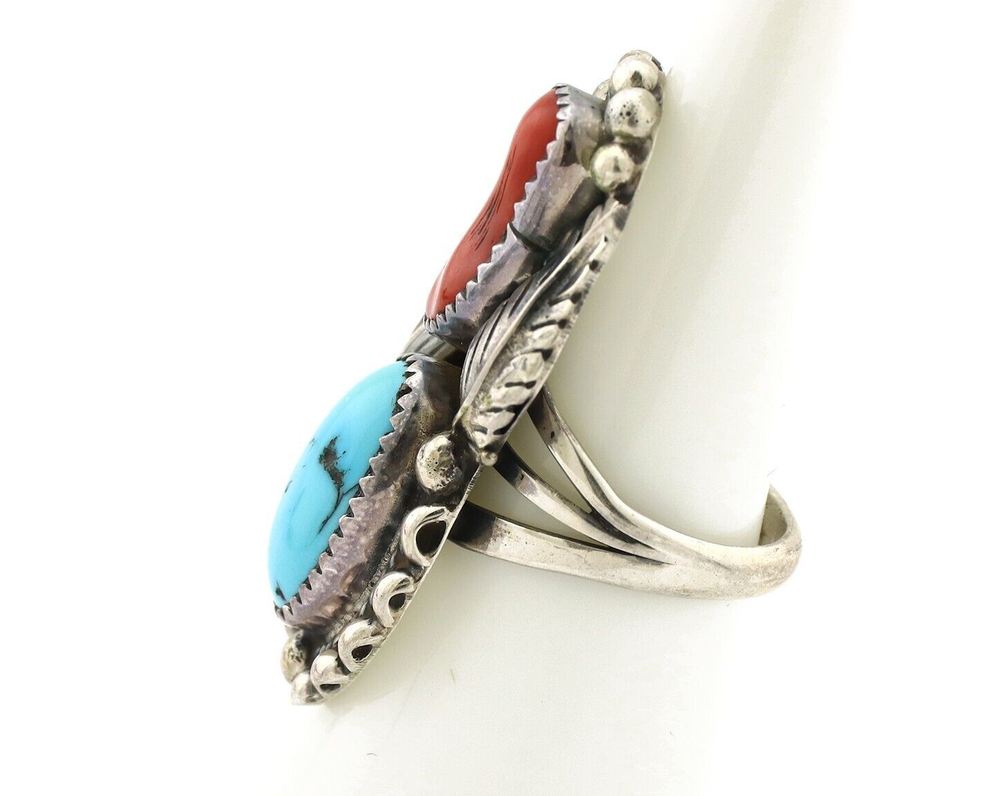 Navajo Ring 925 Silver Blue Turquoise & Coral Signed Stanley Bain C.80's