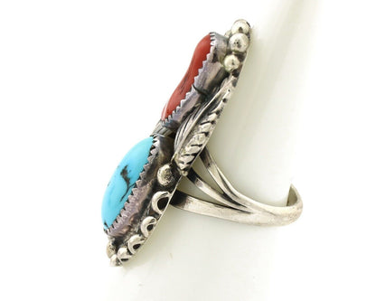 Navajo Ring 925 Silver Blue Turquoise & Coral Signed Stanley Bain C.80's