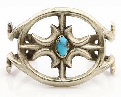 Navajo Sand Cast Cuff Bracelet .925 Silver Morenci Turquoise Native Artist C.80s