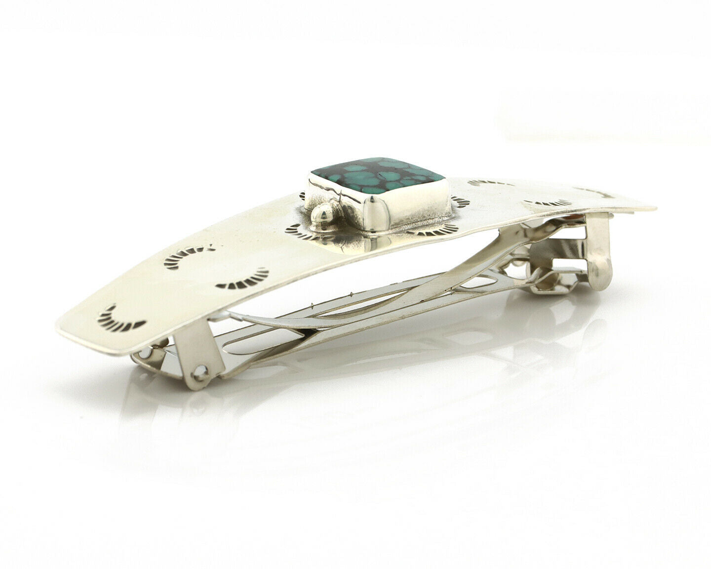 Navajo Hair Clip .925 Silver Green Spiderweb Turquoise Barrette C.80's