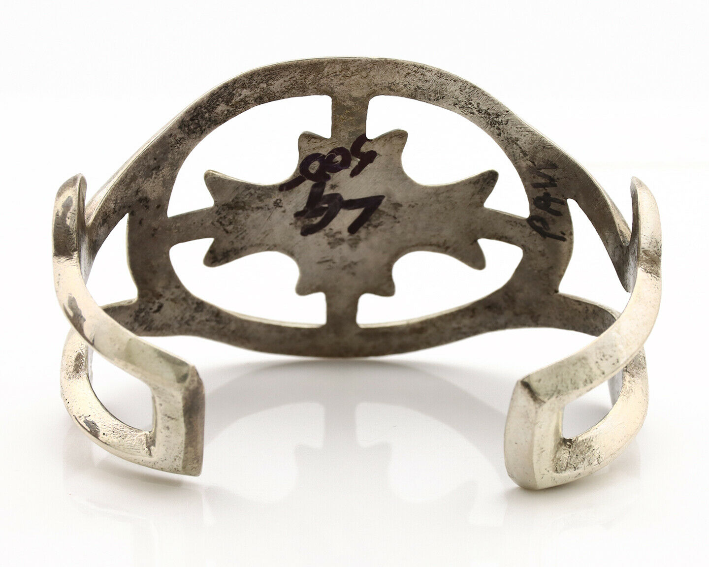 Navajo Sand Cast Cuff Bracelet .925 Silver Morenci Turquoise Native Artist C.80s