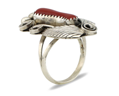 Navajo Ring 925 Silver Mediterranean Coral Artist Signed Justin Morris C.80's