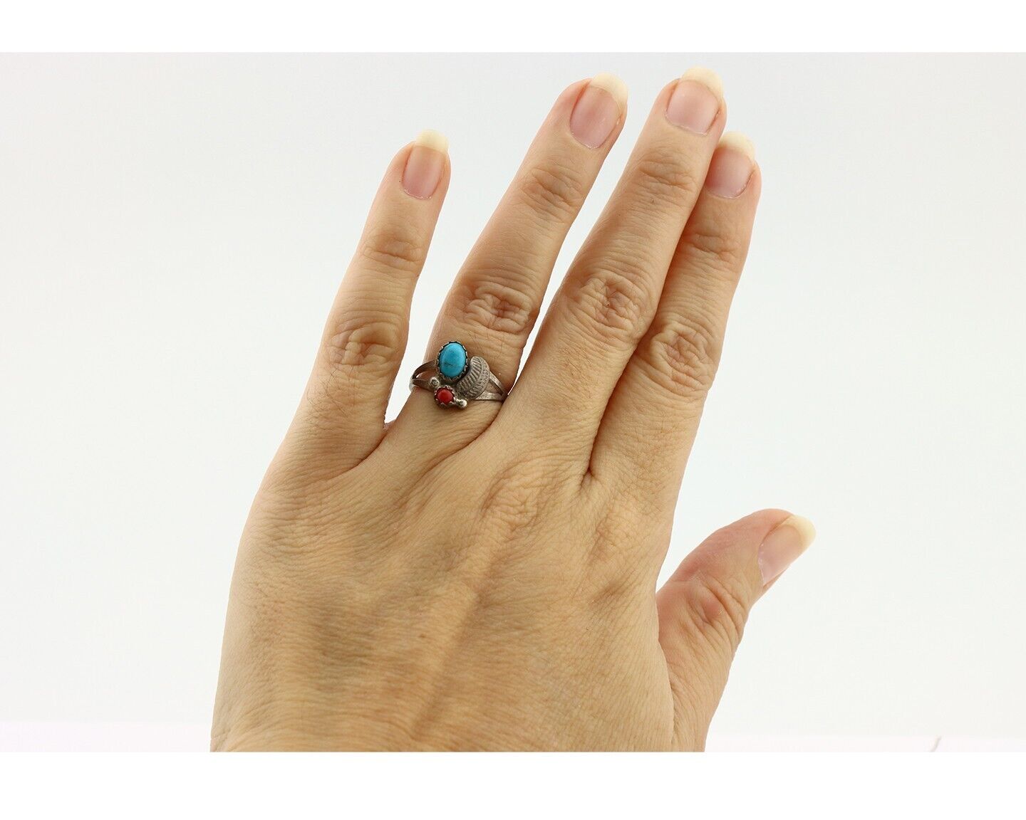 Navajo Handmade Ring 925 Silver Turquiose & Coral Native American Artist C.80's