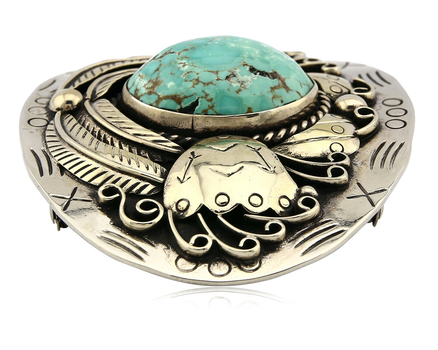 Navajo Belt Buckle .999 Nickle Silver Morenci Turquoise Native Artist C.80's